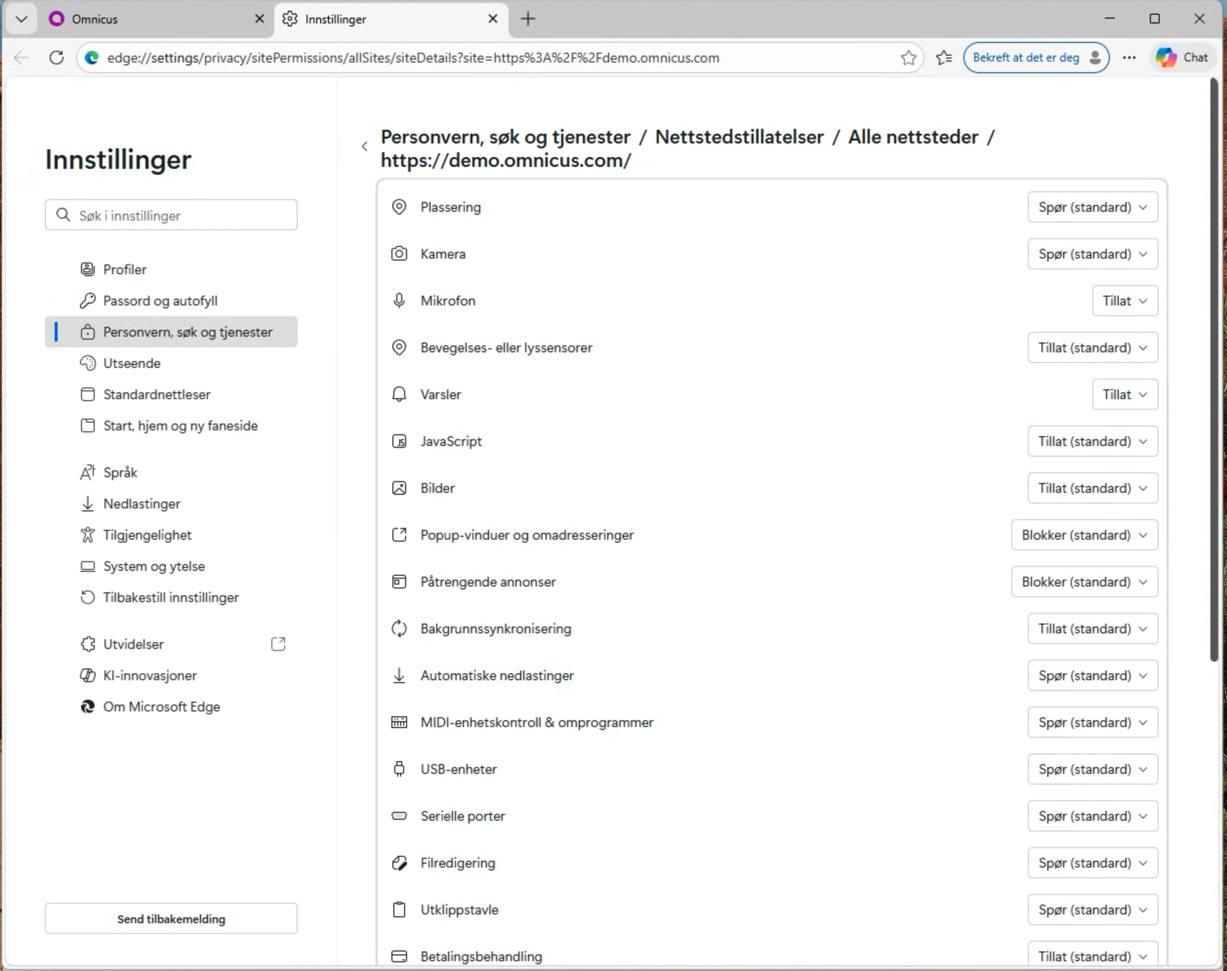 Edge: nettstedstillatelser for Omnicus